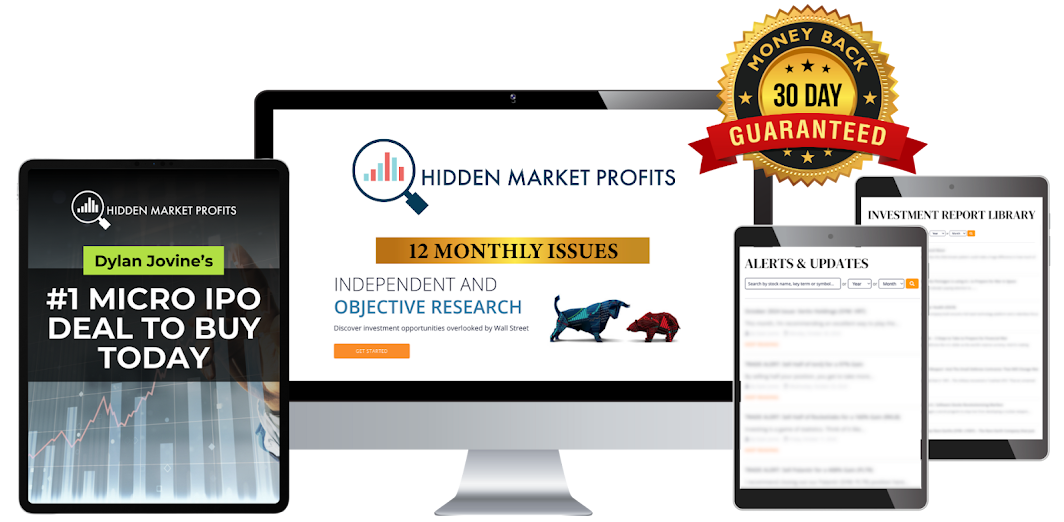 Hidden Market Profits membership: tablet, desktop, and mobile mockups with 30-day money-back guarantee badge